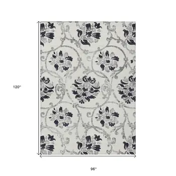 8' X 10' Black Silver And Charcoal Floral Washable Indoor Outdoor Area Rug