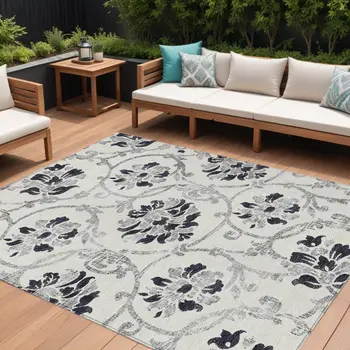8' X 10' Black Silver And Charcoal Floral Washable Indoor Outdoor Area Rug