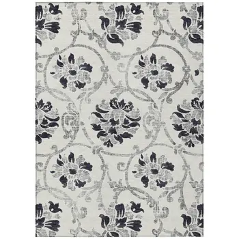 8' X 10' Black Silver And Charcoal Floral Washable Indoor Outdoor Area Rug