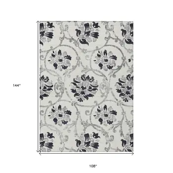 9' X 12' Black Silver And Charcoal Floral Washable Indoor Outdoor Area Rug