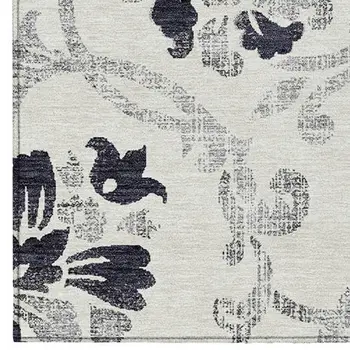 10' X 14' Black Silver And Charcoal Floral Washable Indoor Outdoor Area Rug