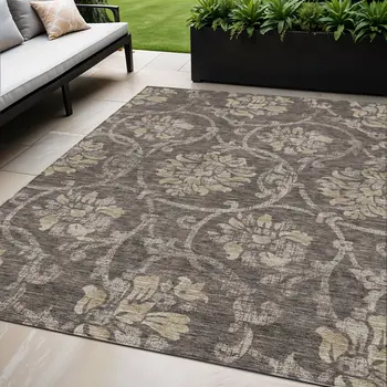 5' X 8' Brown Beige And Taupe Floral Washable Indoor Outdoor Area Rug