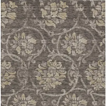9' X 12' Brown Beige And Taupe Floral Washable Indoor Outdoor Area Rug