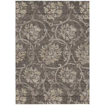 9' X 12' Brown Beige And Taupe Floral Washable Indoor Outdoor Area Rug