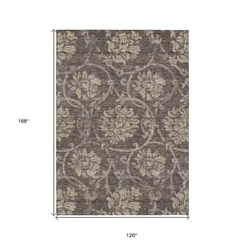 10' X 14' Brown Beige And Taupe Floral Washable Indoor Outdoor Area Rug