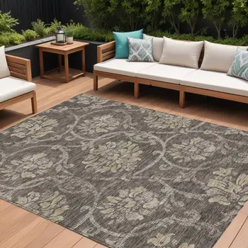 10' X 14' Brown Beige And Taupe Floral Washable Indoor Outdoor Area Rug