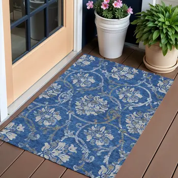 3' X 5' Navy Blue And Silver Floral Washable Indoor Outdoor Area Rug