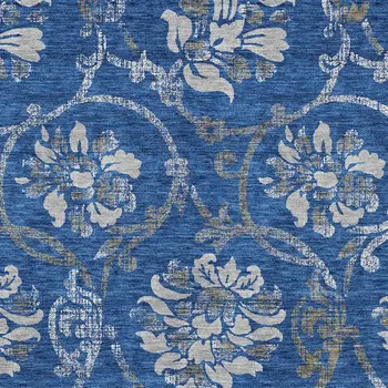 3' X 5' Navy Blue And Silver Floral Washable Indoor Outdoor Area Rug