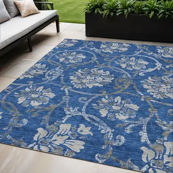 5' X 8' Navy Blue And Silver Floral Washable Indoor Outdoor Area Rug