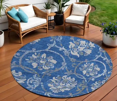 8' Navy Blue And Silver Round Floral Washable Indoor Outdoor Area Rug