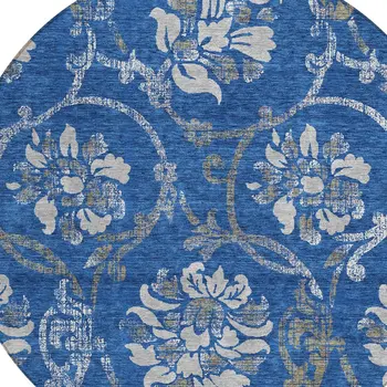 8' Navy Blue And Silver Round Floral Washable Indoor Outdoor Area Rug