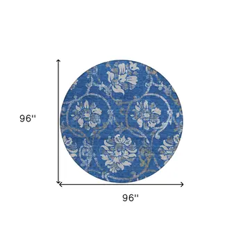8' Navy Blue And Silver Round Floral Washable Indoor Outdoor Area Rug
