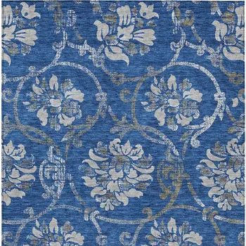 9' X 12' Navy Blue And Silver Floral Washable Indoor Outdoor Area Rug