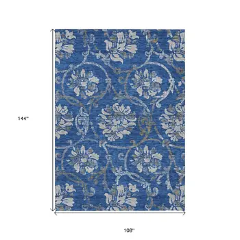 9' X 12' Navy Blue And Silver Floral Washable Indoor Outdoor Area Rug