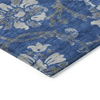 9' X 12' Navy Blue And Silver Floral Washable Indoor Outdoor Area Rug