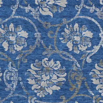 9' X 12' Navy Blue And Silver Floral Washable Indoor Outdoor Area Rug