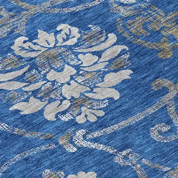 9' X 12' Navy Blue And Silver Floral Washable Indoor Outdoor Area Rug