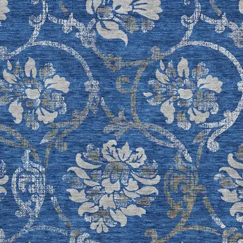 10' X 14' Navy Blue And Silver Floral Washable Indoor Outdoor Area Rug