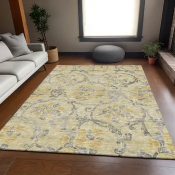 3' X 5' Gold Gray And Charcoal Floral Washable Indoor Outdoor Area Rug