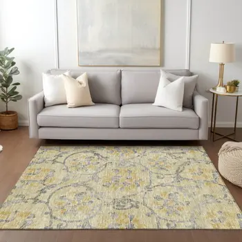 3' X 5' Gold Gray And Charcoal Floral Washable Indoor Outdoor Area Rug