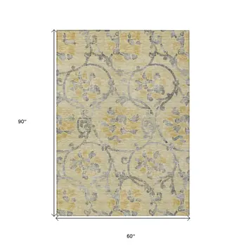 5' X 8' Gold Gray And Charcoal Floral Washable Indoor Outdoor Area Rug