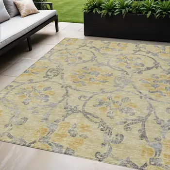 5' X 8' Gold Gray And Charcoal Floral Washable Indoor Outdoor Area Rug