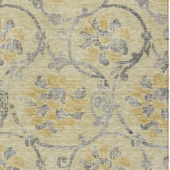 5' X 8' Gold Gray And Charcoal Floral Washable Indoor Outdoor Area Rug