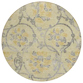 8' Gold Gray And Charcoal Round Floral Washable Indoor Outdoor Area Rug