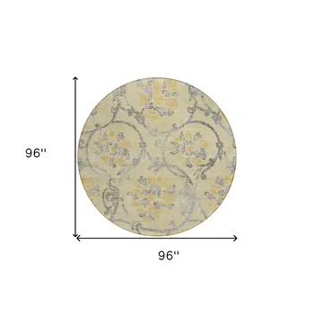 8' Gold Gray And Charcoal Round Floral Washable Indoor Outdoor Area Rug