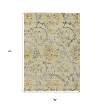 8' X 10' Gold Gray And Charcoal Floral Washable Indoor Outdoor Area Rug