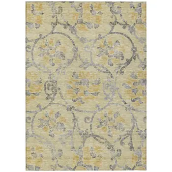 8' X 10' Gold Gray And Charcoal Floral Washable Indoor Outdoor Area Rug