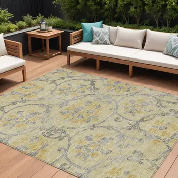 9' X 12' Gold Gray And Charcoal Floral Washable Indoor Outdoor Area Rug