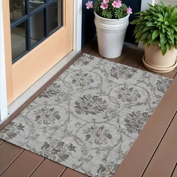 3' X 5' Gray Charcoal And Taupe Floral Washable Indoor Outdoor Area Rug