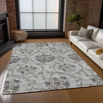 3' X 5' Gray Charcoal And Taupe Floral Washable Indoor Outdoor Area Rug