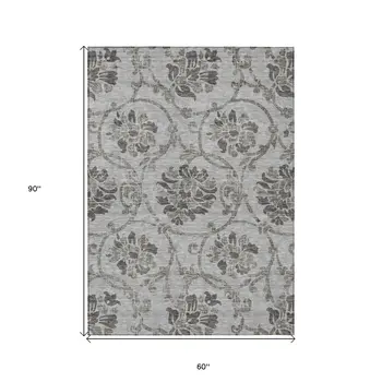 5' X 8' Gray Charcoal And Taupe Floral Washable Indoor Outdoor Area Rug