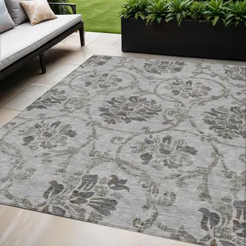 5' X 8' Gray Charcoal And Taupe Floral Washable Indoor Outdoor Area Rug