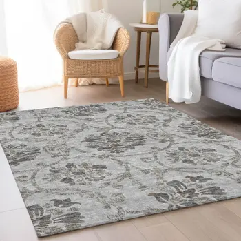 5' X 8' Gray Charcoal And Taupe Floral Washable Indoor Outdoor Area Rug