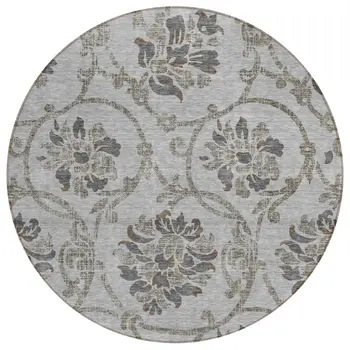8' Gray Charcoal And Taupe Round Floral Washable Indoor Outdoor Area Rug