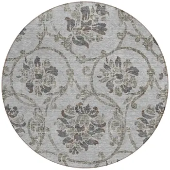 8' Gray Charcoal And Taupe Round Floral Washable Indoor Outdoor Area Rug