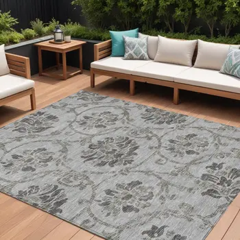9' X 12' Gray Charcoal And Taupe Floral Washable Indoor Outdoor Area Rug