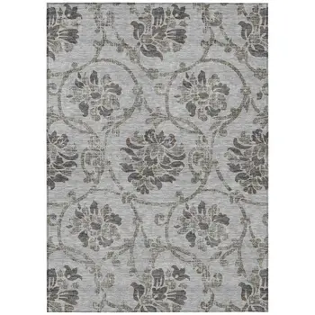 9' X 12' Gray Charcoal And Taupe Floral Washable Indoor Outdoor Area Rug