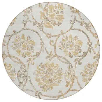 8' Ivory Beige And Gold Round Floral Washable Indoor Outdoor Area Rug