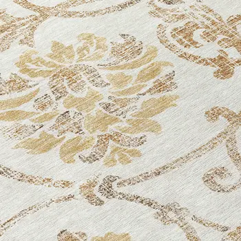 8' Ivory Beige And Gold Round Floral Washable Indoor Outdoor Area Rug