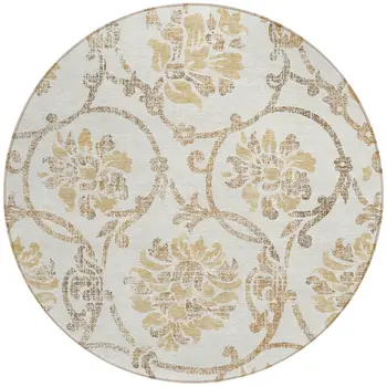8' Ivory Beige And Gold Round Floral Washable Indoor Outdoor Area Rug