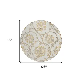 8' Ivory Beige And Gold Round Floral Washable Indoor Outdoor Area Rug