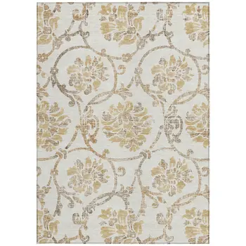 8' X 10' Ivory Beige And Gold Floral Washable Indoor Outdoor Area Rug