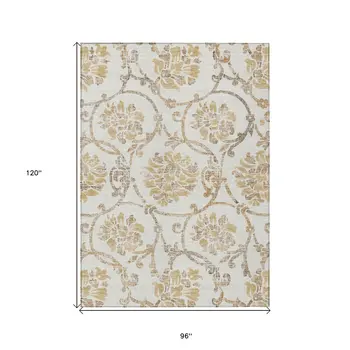 8' X 10' Ivory Beige And Gold Floral Washable Indoor Outdoor Area Rug