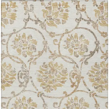 8' X 10' Ivory Beige And Gold Floral Washable Indoor Outdoor Area Rug