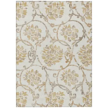 9' X 12' Ivory Beige And Gold Floral Washable Indoor Outdoor Area Rug