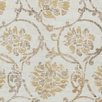 9' X 12' Ivory Beige And Gold Floral Washable Indoor Outdoor Area Rug